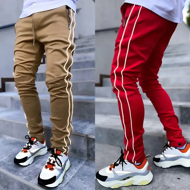 Spring Autumn Casual Harem Pants for Men Reflective Full Length Joggers with Multiple Pockets elastic waist Fitness Trousers