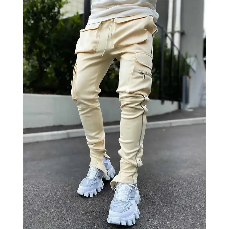 Spring Autumn Casual Harem Pants for Men Reflective Full Length Joggers with Multiple Pockets elastic waist Fitness Trousers