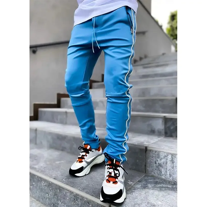 Spring Autumn Casual Harem Pants for Men Reflective Full Length Joggers with Multiple Pockets elastic waist Fitness Trousers