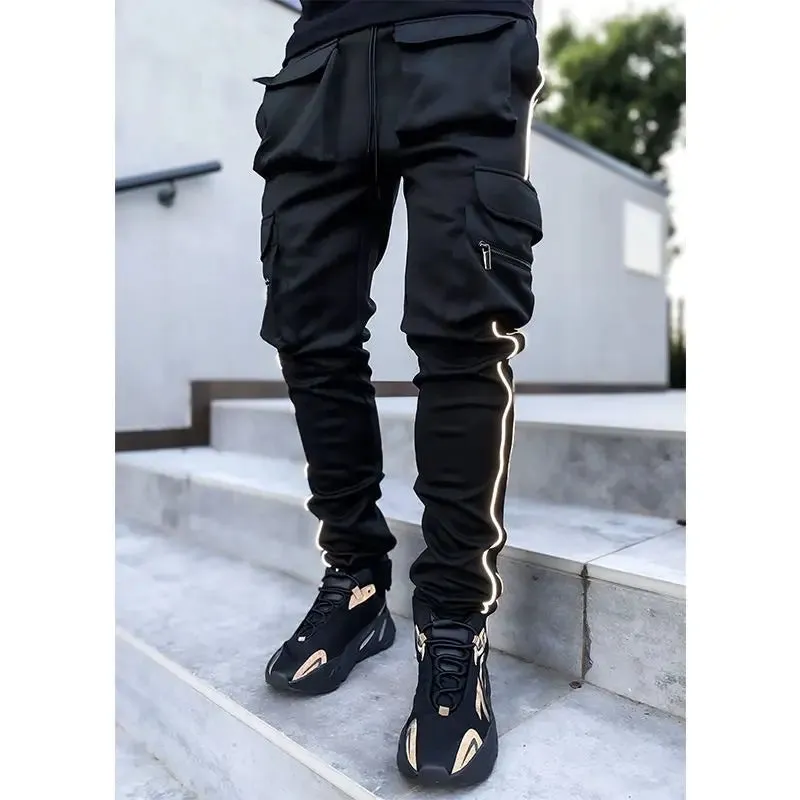 Spring Autumn Casual Harem Pants for Men Reflective Full Length Joggers with Multiple Pockets elastic waist Fitness Trousers