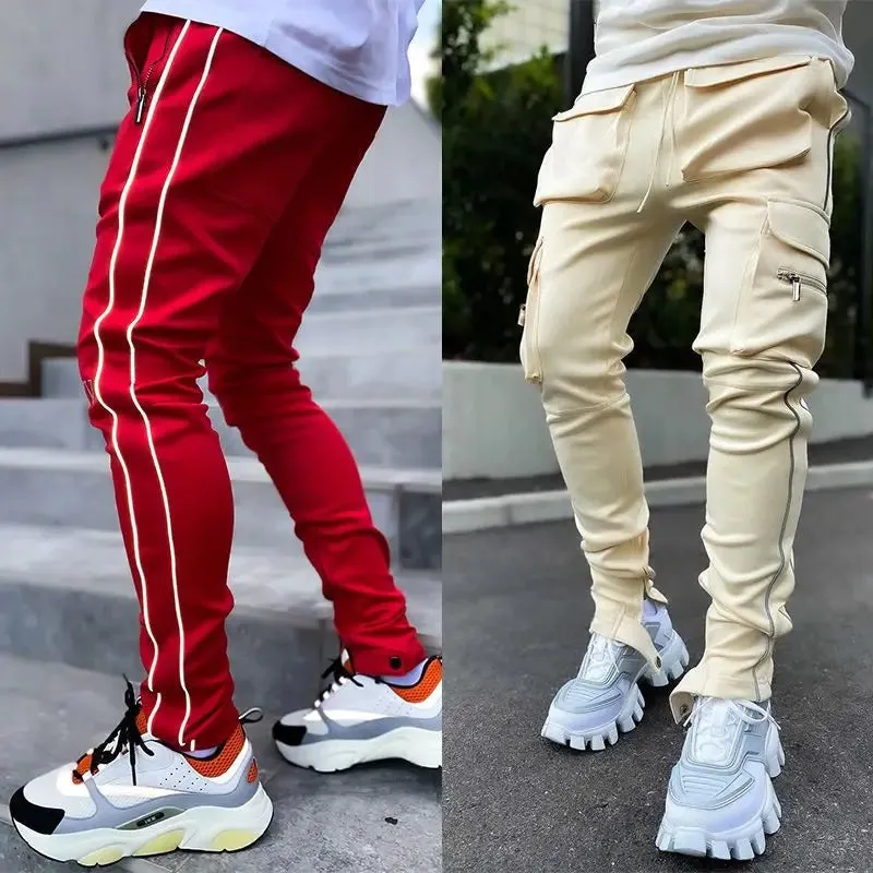 Spring Autumn Casual Harem Pants for Men Reflective Full Length Joggers with Multiple Pockets elastic waist Fitness Trousers