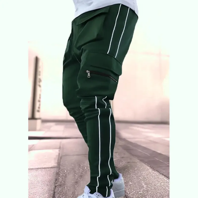 Spring Autumn Casual Harem Pants for Men Reflective Full Length Joggers with Multiple Pockets elastic waist Fitness Trousers