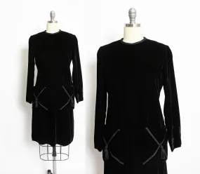 Vintage 1960s Dress Black Velvet Tassels Pockets Cocktail 60s Small