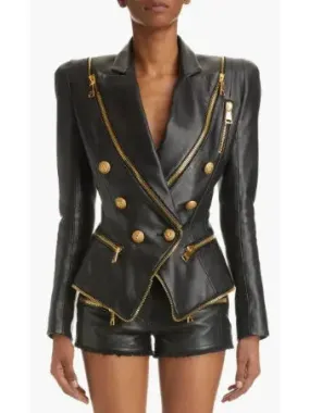 Women’s Double-Breasted Leather Jacket with Gold Buttons and Zippers