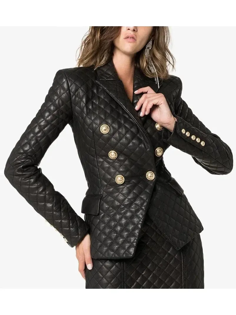 Women’s Double-Breasted Leather Quilted Blazer