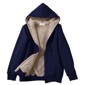 Women's Fashion Long Sleeve Zipper Hooded Plush Composite Coat – Soft, Comfortable, Solid Color Overcoat with Drawstring