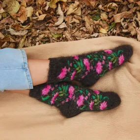 Women's Pink Peonies Thick Goat Wool Crew Socks