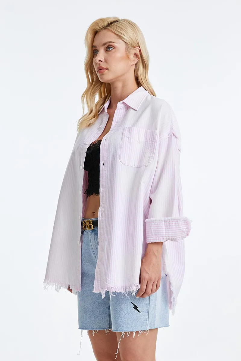 WOMEN'S RAGGED LONG SLEEVE LOOSE SHIRT BYIC006 PINK/WHITE STRIPE