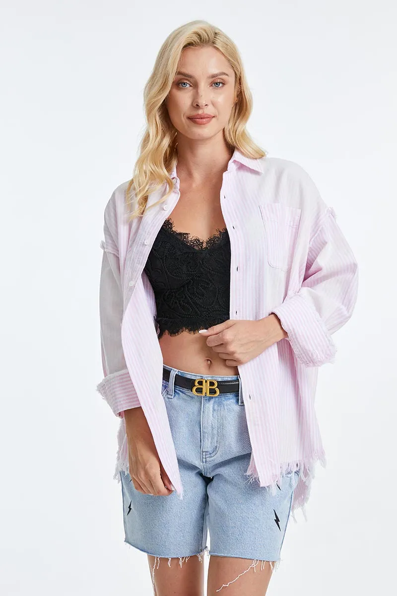 WOMEN'S RAGGED LONG SLEEVE LOOSE SHIRT BYIC006 PINK/WHITE STRIPE