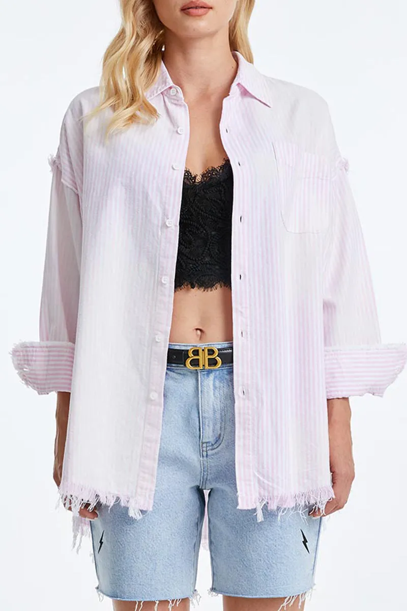 WOMEN'S RAGGED LONG SLEEVE LOOSE SHIRT BYIC006 PINK/WHITE STRIPE