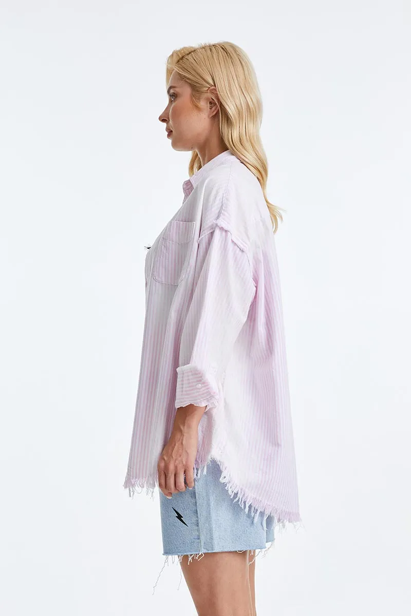 WOMEN'S RAGGED LONG SLEEVE LOOSE SHIRT BYIC006 PINK/WHITE STRIPE