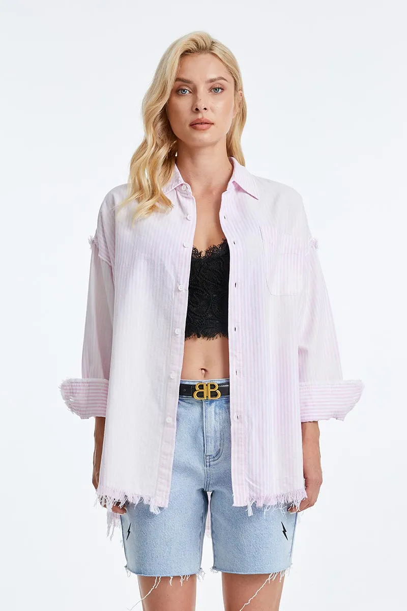 WOMEN'S RAGGED LONG SLEEVE LOOSE SHIRT BYIC006 PINK/WHITE STRIPE